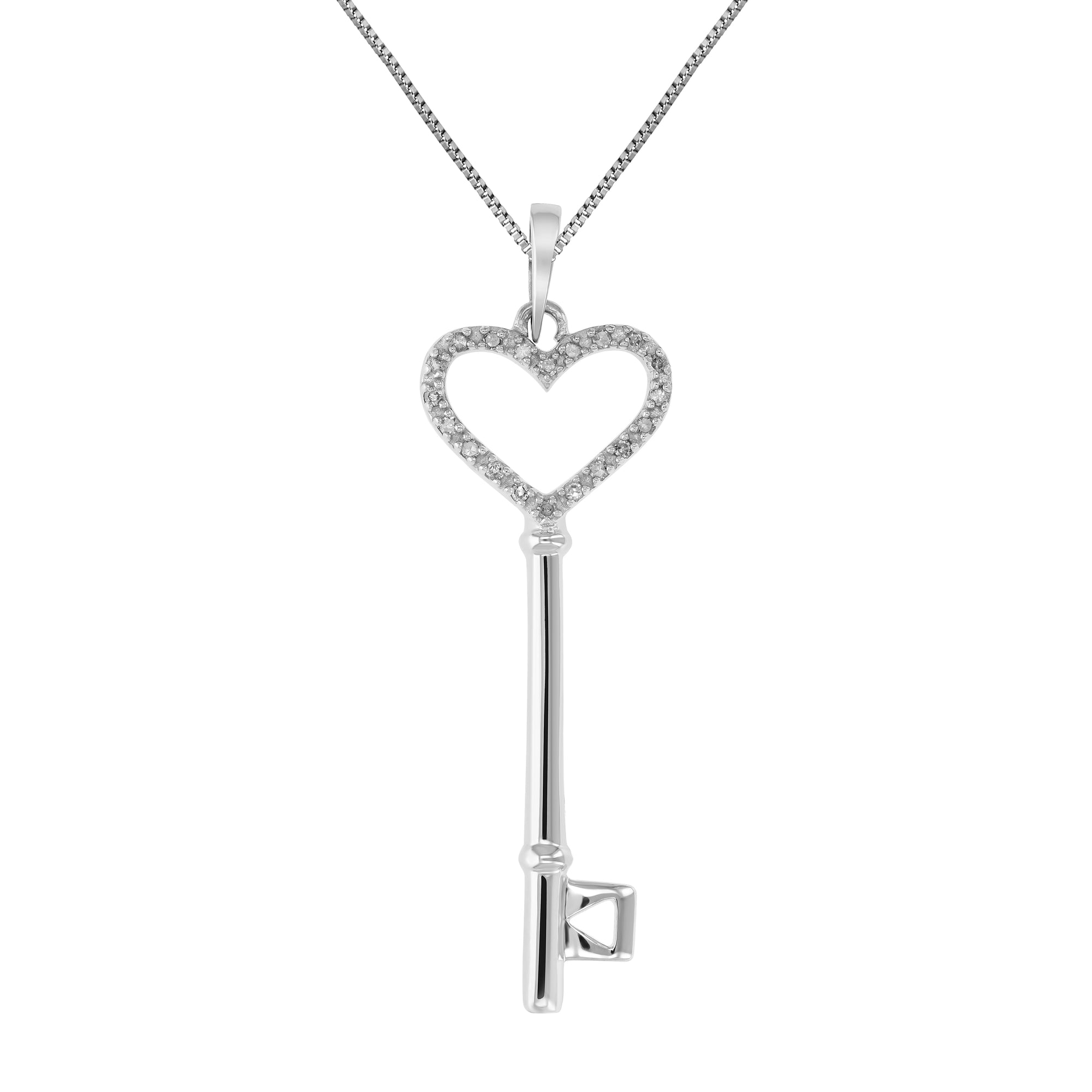 1/8 cttw Diamond Pendant, Diamond Heart and Key Pendant Necklace for Women in .925 Sterling Silver with Rhodium, 18 Inch Chain, Prong Setting