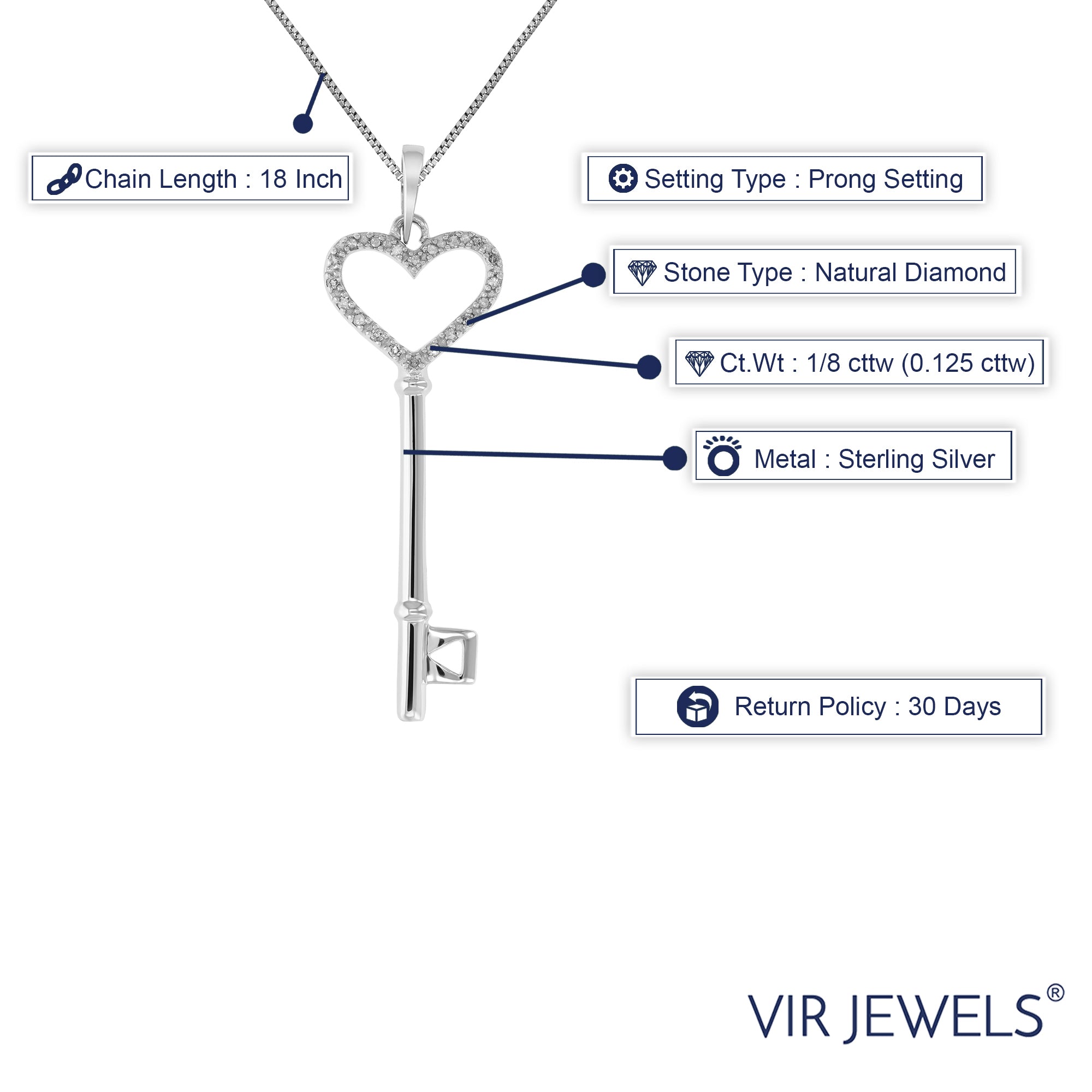 1/8 cttw Diamond Pendant, Diamond Heart and Key Pendant Necklace for Women in .925 Sterling Silver with Rhodium, 18 Inch Chain, Prong Setting