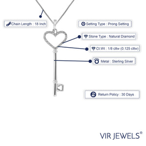 1/8 cttw Diamond Pendant, Diamond Heart and Key Pendant Necklace for Women in .925 Sterling Silver with Rhodium, 18 Inch Chain, Prong Setting