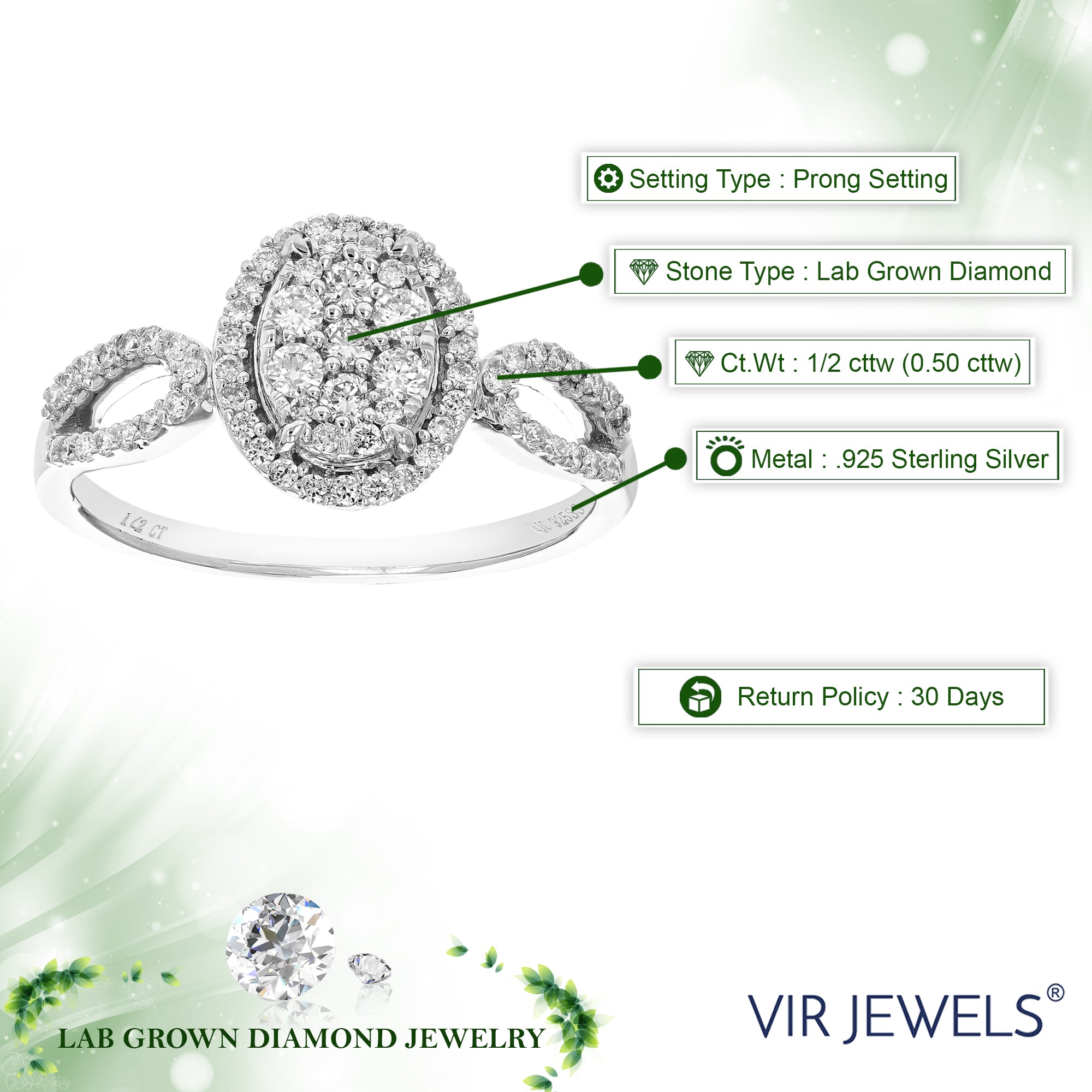 1/2 cttw Diamond Engagement Ring for Women, Round Lab Grown Diamond Ring in 0.925 Sterling Silver, Prong Setting, Size 6-8