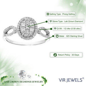 1/2 cttw Diamond Engagement Ring for Women, Round Lab Grown Diamond Ring in 0.925 Sterling Silver, Prong Setting, Size 6-8