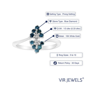 1/3 cttw Blue Diamond Ring Fashion Round 10K White Gold Size 7