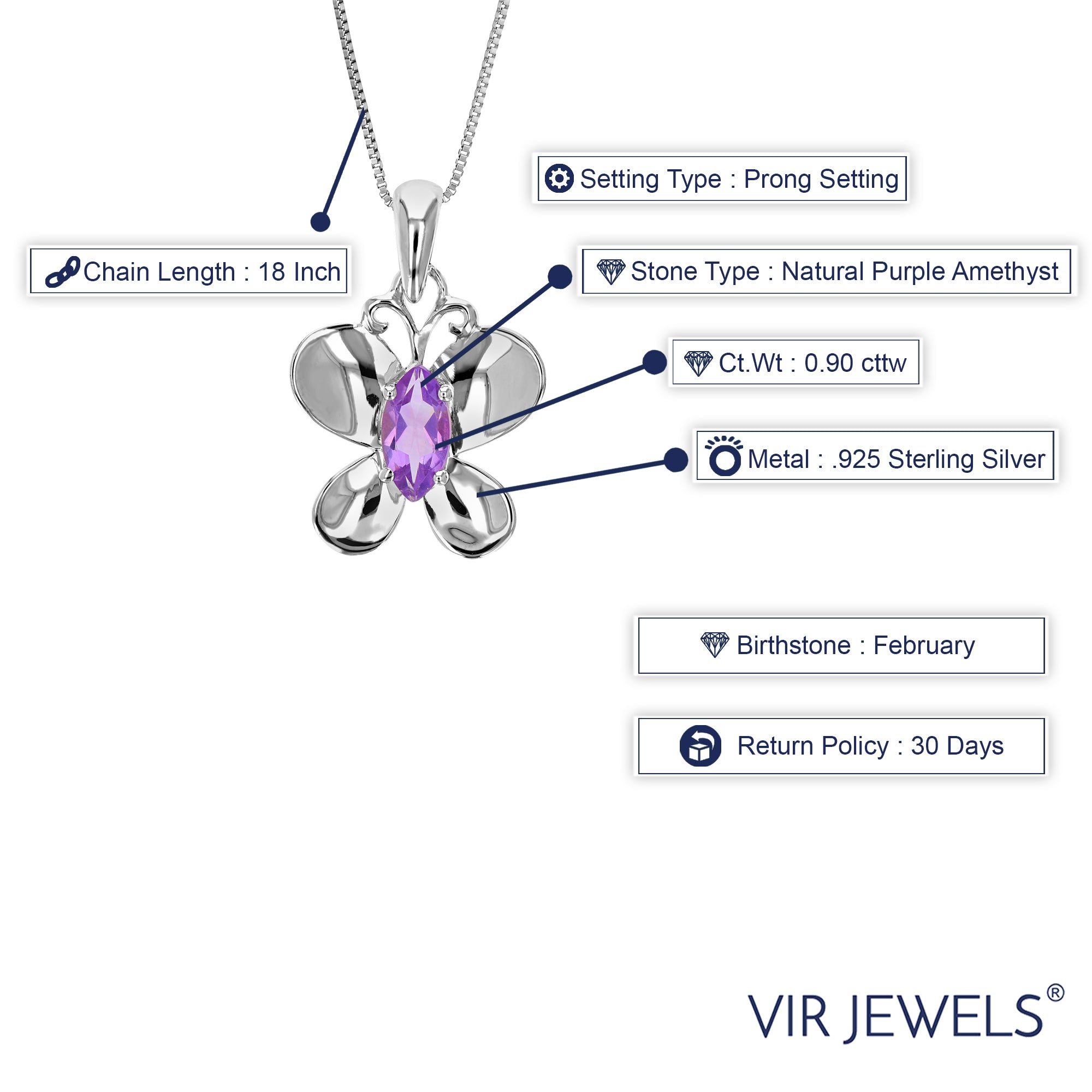 0.90 cttw Pendant Necklace, Purple Amethyst Marquise Pendant Necklace for Women in .925 Sterling Silver with Rhodium, 18 Inch Chain, Prong Setting