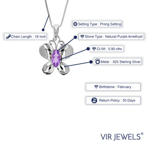 0.90 cttw Pendant Necklace, Purple Amethyst Marquise Pendant Necklace for Women in .925 Sterling Silver with Rhodium, 18 Inch Chain, Prong Setting