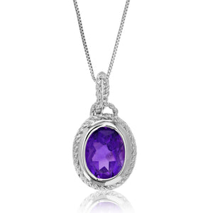 1.70 cttw Pendant Necklace, Purple Amethyst Oval Shape Pendant Necklace for Women in .925 Sterling Silver with Rhodium, 18 Inch Chain, Bezel Setting