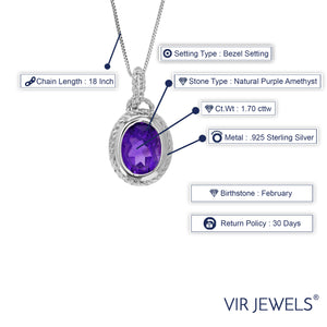 1.70 cttw Pendant Necklace, Purple Amethyst Oval Shape Pendant Necklace for Women in .925 Sterling Silver with Rhodium, 18 Inch Chain, Bezel Setting