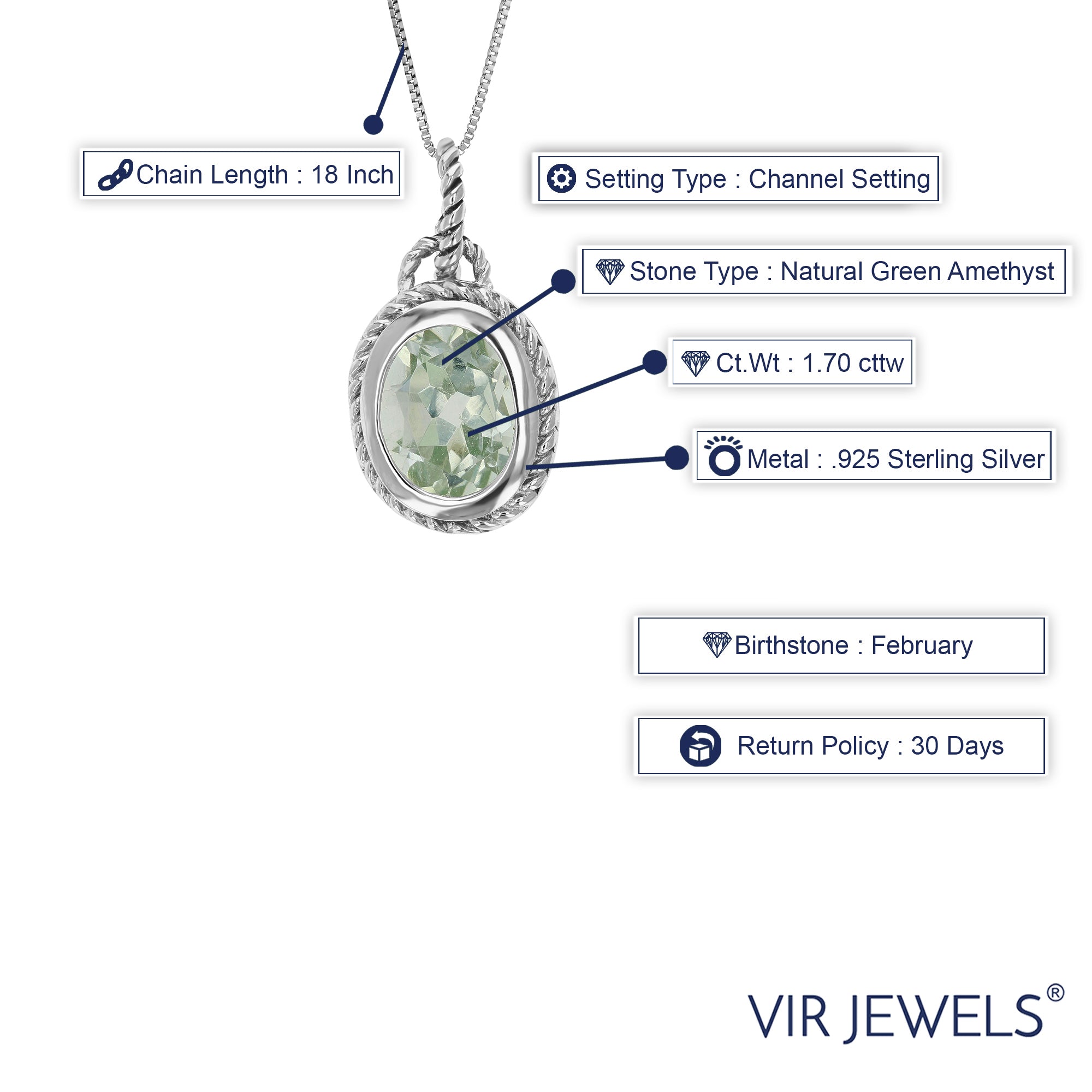 1.70 cttw Pendant Necklace, Green Amethyst Oval Shape Pendant Necklace for Women in .925 Sterling Silver with Rhodium, 18 Inch Chain, Channel Setting