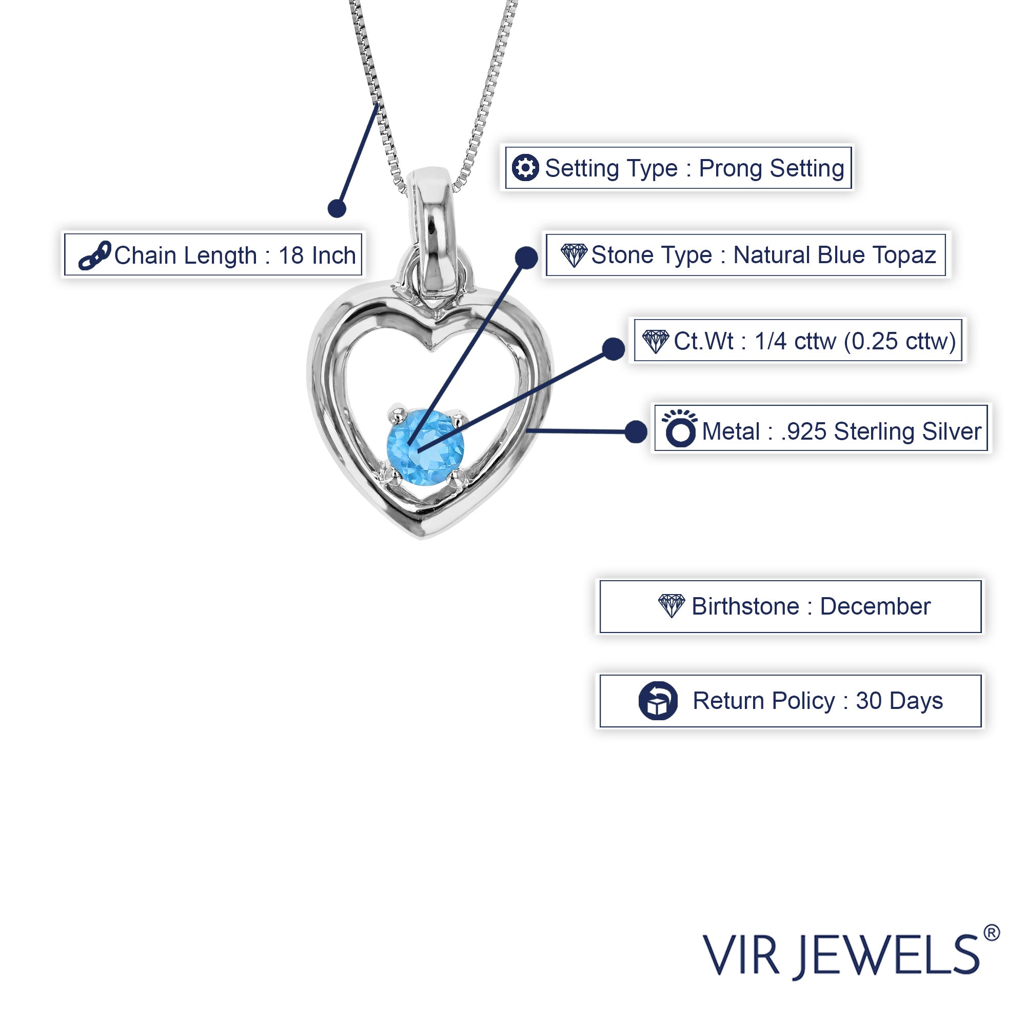 1/4 cttw Pendant Necklace, Swiss Blue Topaz Pendant Necklace for Women in .925 Sterling Silver with Rhodium, 18 Inch Chain, Prong Setting