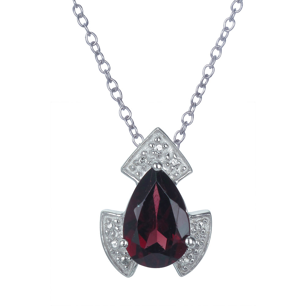 1.10 cttw Pendant Necklace, Garnet Pear Shape Pendant Necklace for Women in .925 Sterling Silver with Rhodium, 18 Inch Chain, Prong Setting