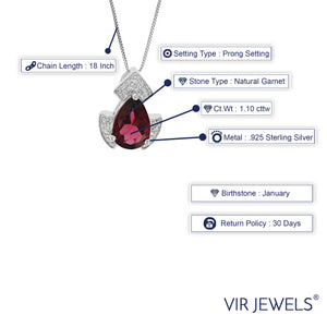 1.10 cttw Pendant Necklace, Garnet Pear Shape Pendant Necklace for Women in .925 Sterling Silver with Rhodium, 18 Inch Chain, Prong Setting