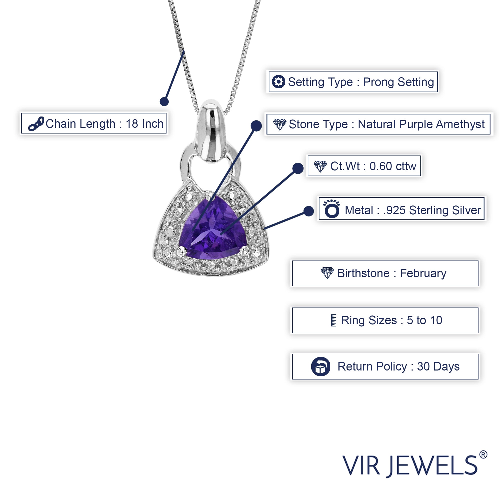 0.60 cttw Pendant Necklace, Purple Amethyst Trillion Shape Pendant Necklace for Women in .925 Sterling Silver with Rhodium, 18 Inch Chain, Prong Setting