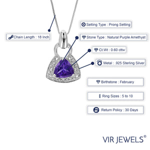 0.60 cttw Pendant Necklace, Purple Amethyst Trillion Shape Pendant Necklace for Women in .925 Sterling Silver with Rhodium, 18 Inch Chain, Prong Setting