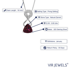 0.60 cttw Pendant Necklace, Garnet Trillion Shape Pendant Necklace for Women in .925 Sterling Silver with Rhodium, 18 Inch Chain, Prong Setting