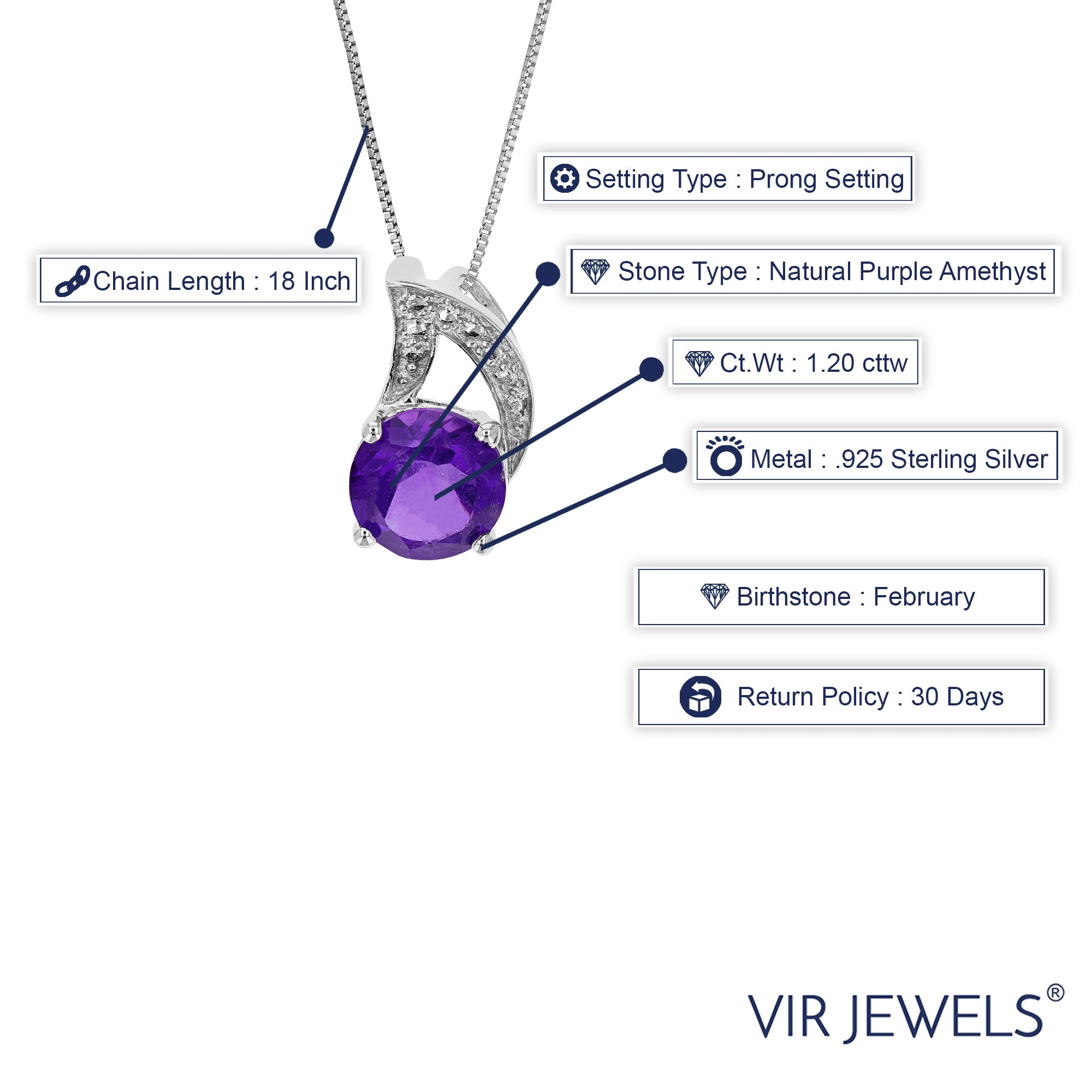 1.20 cttw Pendant Necklace, Purple Amethyst Pendant Necklace for Women in .925 Sterling Silver with Rhodium, 18 Inch Chain, Prong Setting