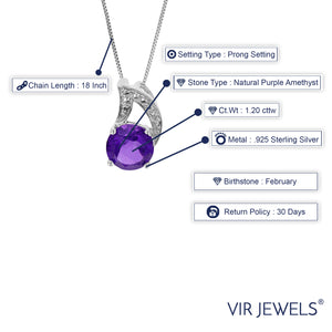 1.20 cttw Pendant Necklace, Purple Amethyst Pendant Necklace for Women in .925 Sterling Silver with Rhodium, 18 Inch Chain, Prong Setting