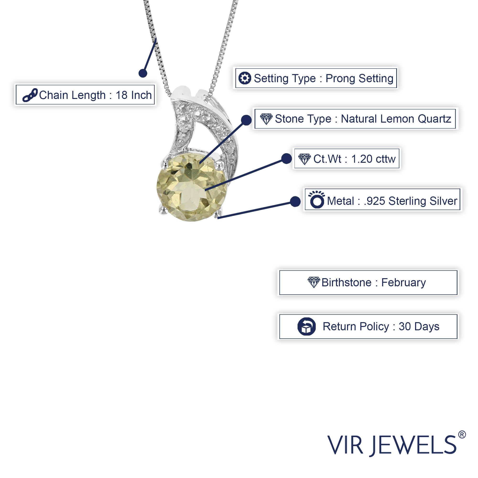 1.20 cttw Pendant Necklace, Lemon Quartz Pendant Necklace for Women in .925 Sterling Silver with Rhodium, 18 Inch Chain, Prong Setting