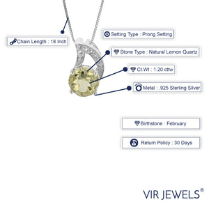 1.20 cttw Pendant Necklace, Lemon Quartz Pendant Necklace for Women in .925 Sterling Silver with Rhodium, 18 Inch Chain, Prong Setting