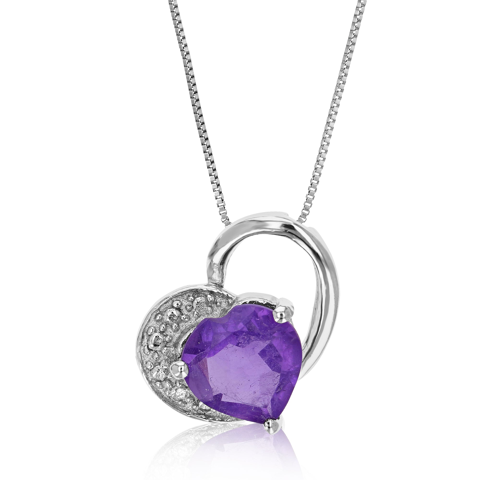 1 cttw Pendant Necklace, Purple Amethyst Heart Pendant Necklace for Women in .925 Sterling Silver with Rhodium, 18 Inch Chain, Prong Setting