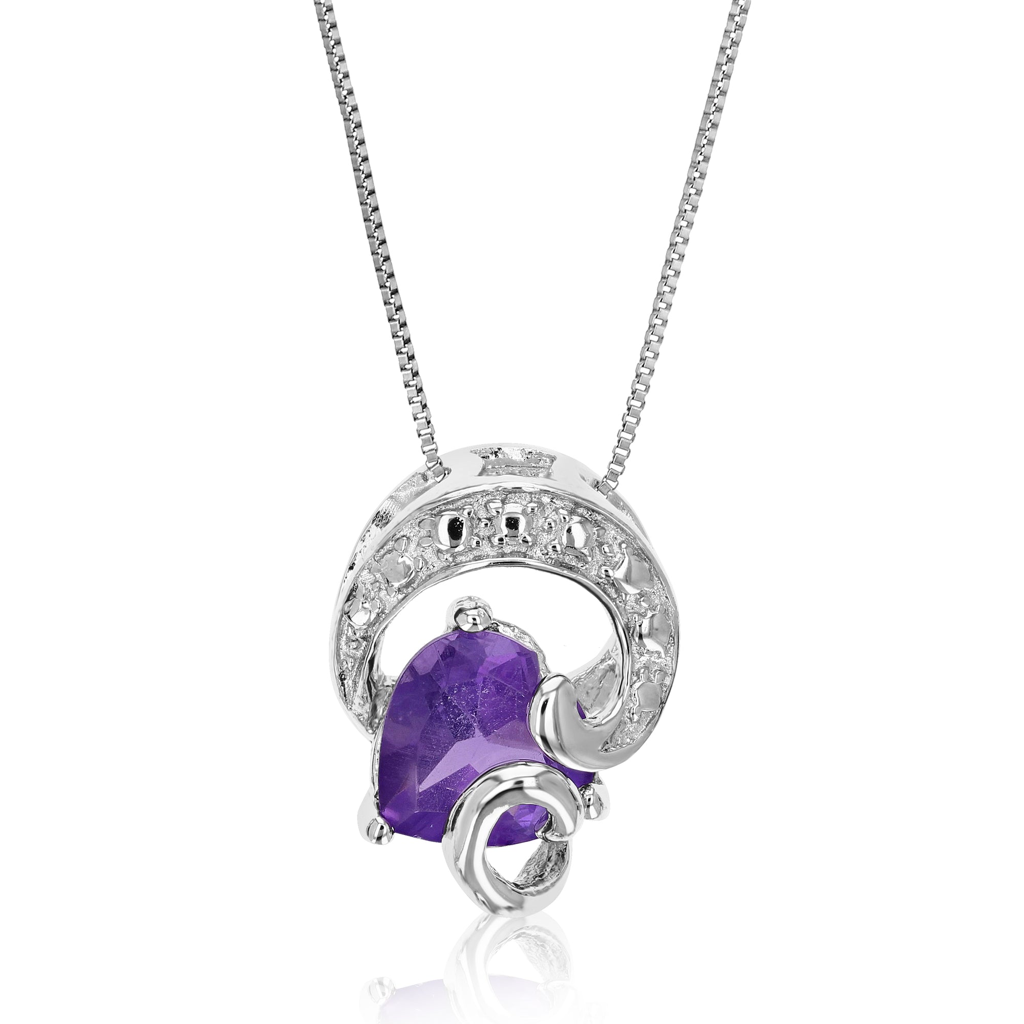 0.70 cttw Pendant Necklace, Purple Amethyst Heart Pendant Necklace for Women in .925 Sterling Silver with Rhodium, 18 Inch Chain, Prong Setting