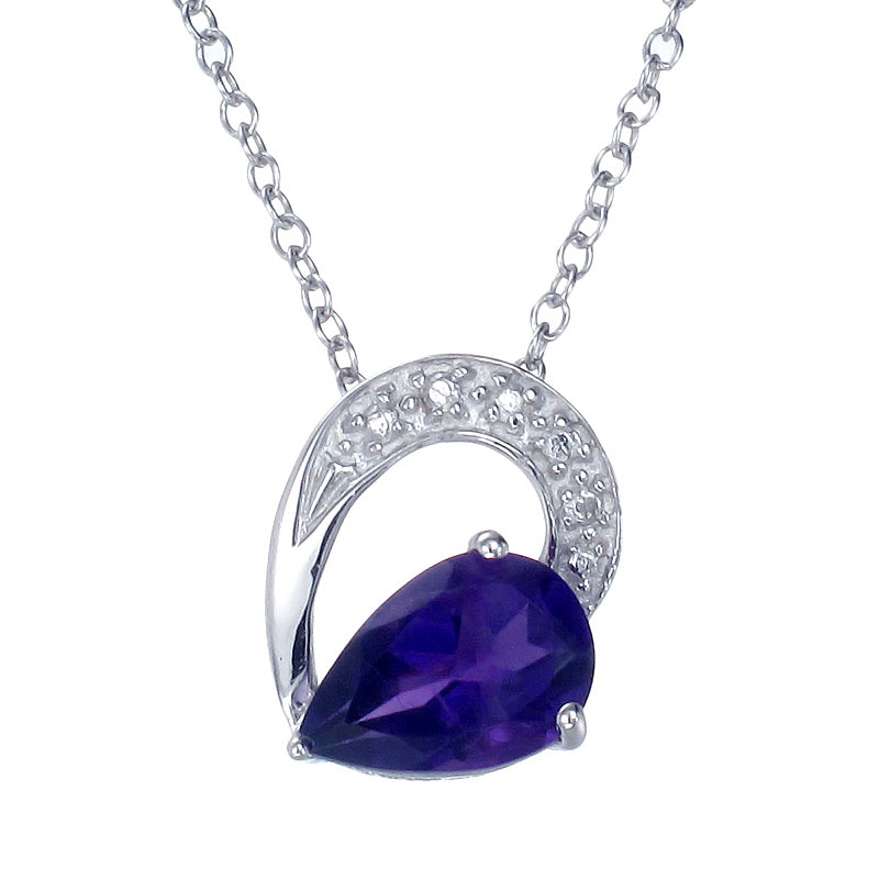 1.10 cttw Pendant Necklace, Purple Amethyst Pear Shape Pendant Necklace for Women in .925 Sterling Silver with Rhodium, 18 Inch Chain, Prong Setting