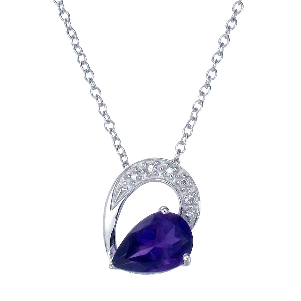 1.10 cttw Pendant Necklace, Purple Amethyst Pear Shape Pendant Necklace for Women in .925 Sterling Silver with Rhodium, 18 Inch Chain, Prong Setting