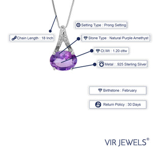 1.20 cttw Pendant Necklace, Purple Amethyst Oval Shape Pendant Necklace for Women in .925 Sterling Silver with Rhodium, 18 Inch Chain, Prong Setting
