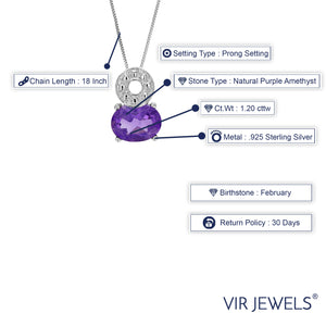 1.20 cttw Pendant Necklace, Purple Amethyst Oval Pendant Necklace for Women in .925 Sterling Silver with Rhodium, 18 Inch Chain, Prong Setting