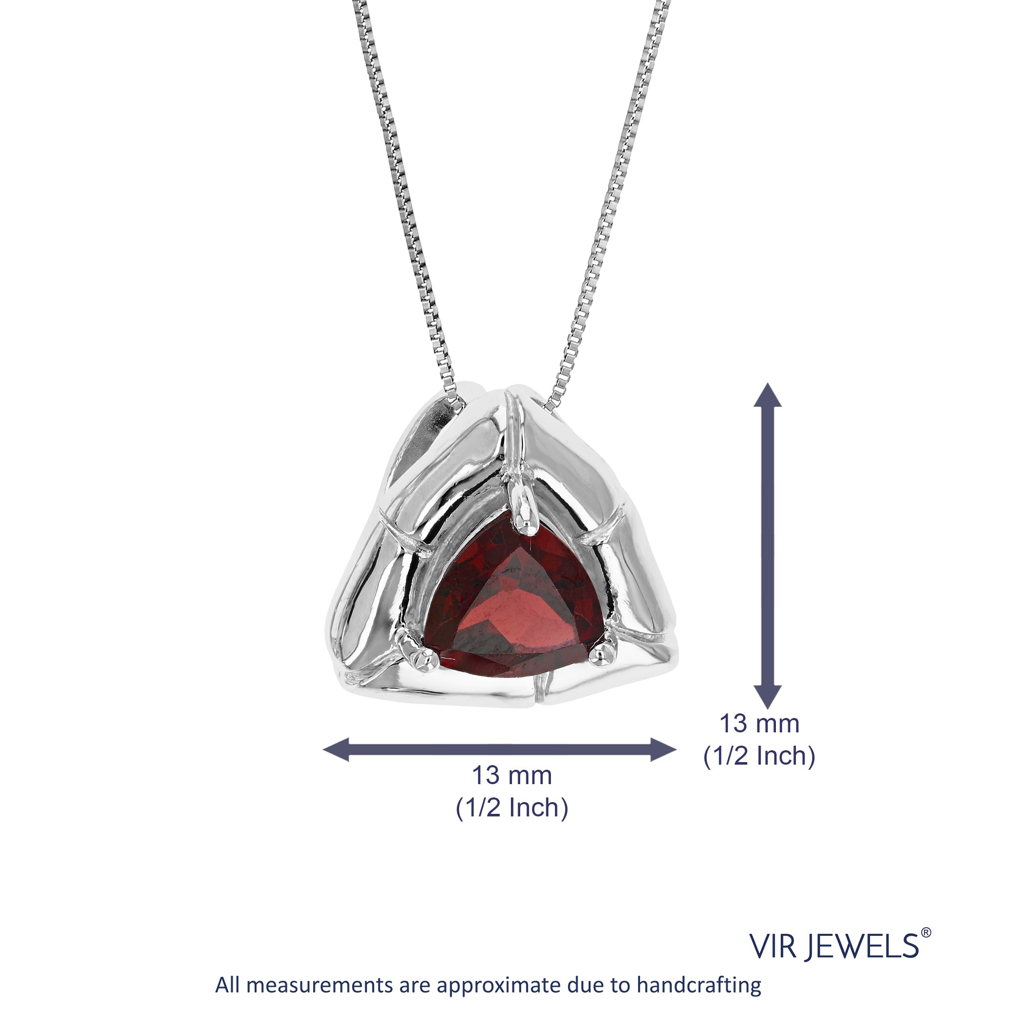 1 cttw Pendant Necklace, Garnet Trillion Shape Pendant Necklace for Women in .925 Sterling Silver with Rhodium, 18 Inch Chain, Prong Setting
