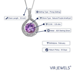 1.25 cttw Pendant Necklace, Purple Amethyst Pendant Necklace for Women in .925 Sterling Silver with Rhodium, 18 Inch Chain, Prong Setting