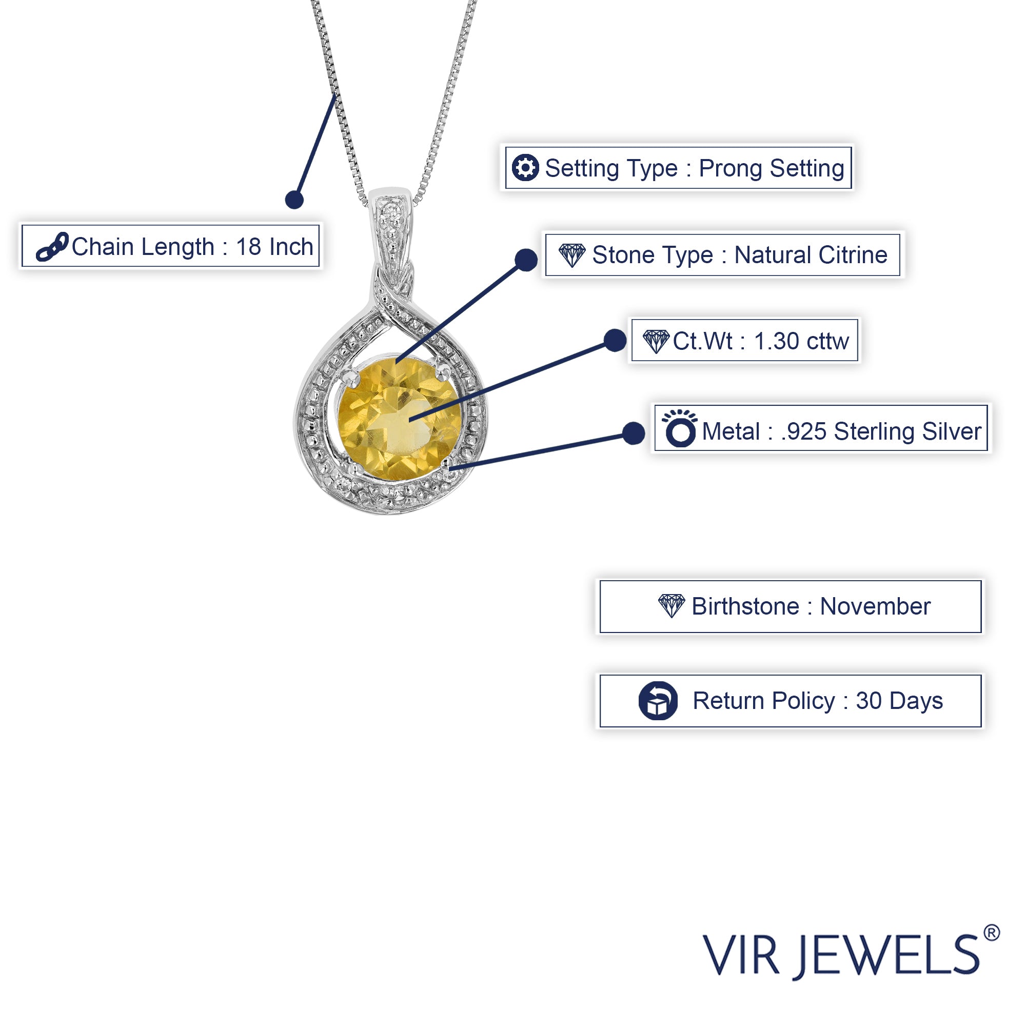 1.30 cttw Pendant Necklace, Citrine Pendant Necklace for Women in .925 Sterling Silver with Rhodium, 18 Inch Chain, Prong Setting