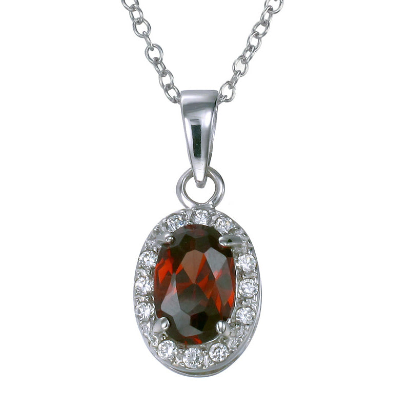 Oval Shape Red Cubic Zirconia Pendant Necklace .925 Sterling Silver with Chain