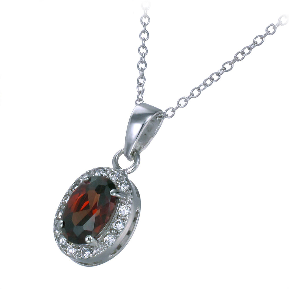 Oval Shape Red Cubic Zirconia Pendant Necklace .925 Sterling Silver with Chain