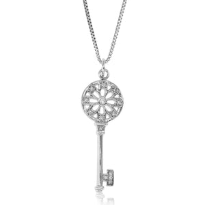 CZ Pendant Necklace, CZ Key Pendant Necklace for Women in .925 Sterling Silver with 18 Inch Chain