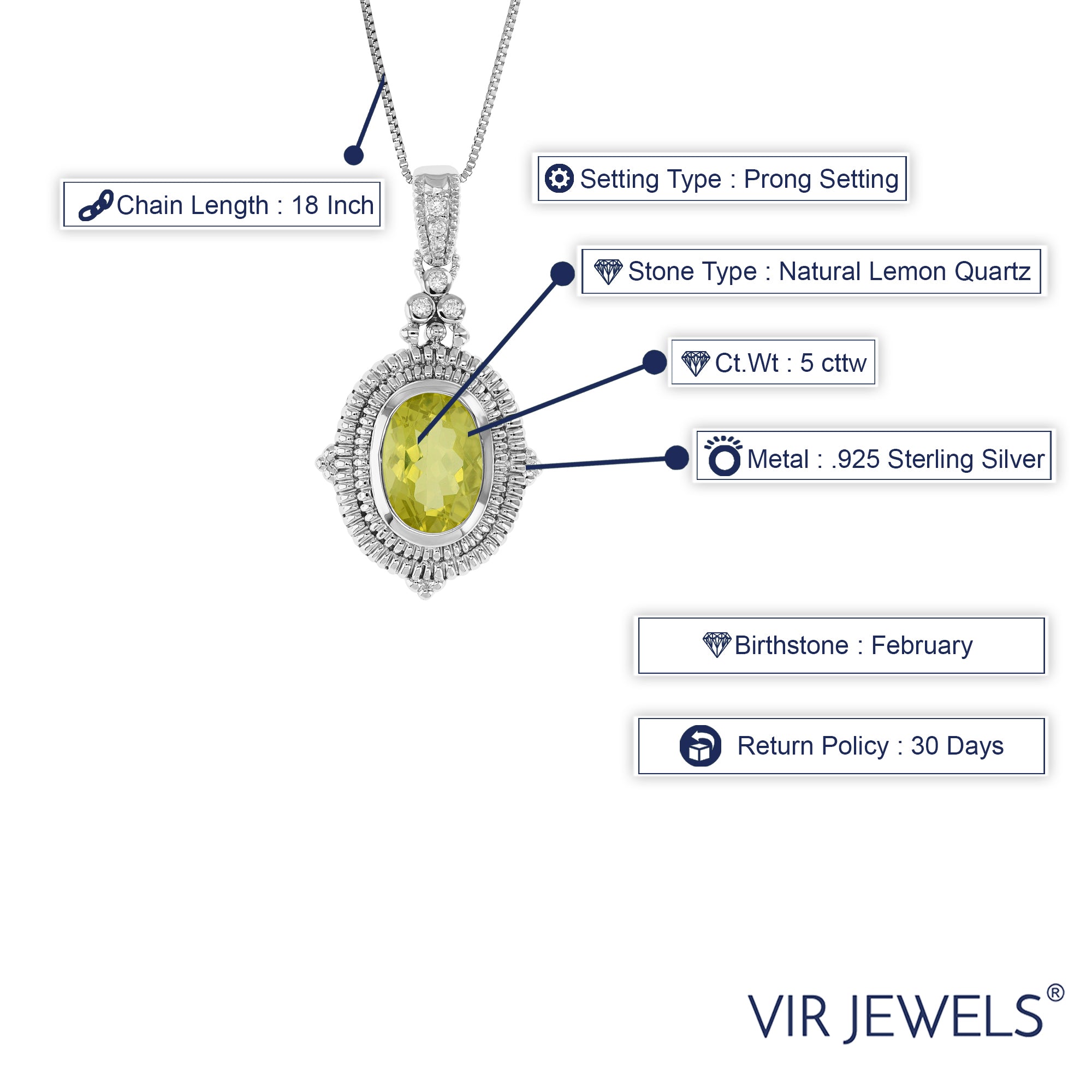 5 cttw Pendant Necklace, Lemon Quartz Oval Pendant Necklace for Women in .925 Sterling Silver with Rhodium, 18 Inch Chain, Prong Setting