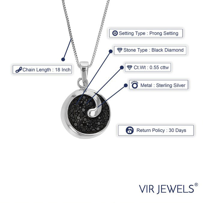 0.55 cttw Pendant Necklace, Black Diamond Pendant Necklace for Women in .925 Sterling Silver with Rhodium, 18 Inch Chain, Prong Setting