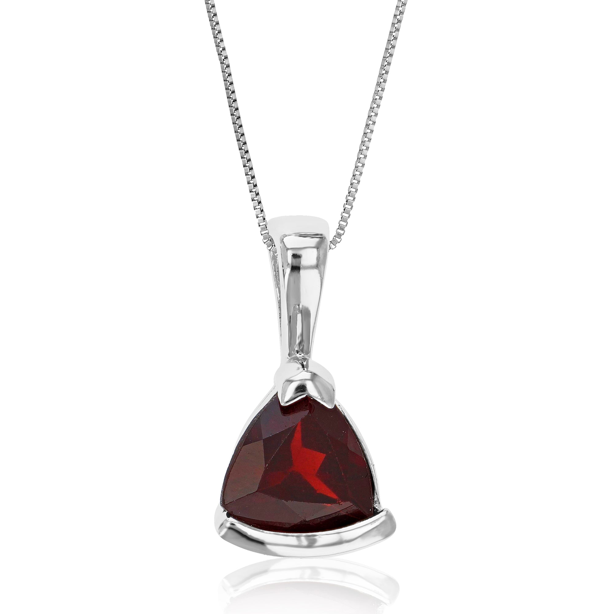 0.80 cttw Pendant Necklace, Garnet Trillion Shape Pendant Necklace for Women in .925 Sterling Silver with Rhodium, 18 Inch Chain, Bezel Setting