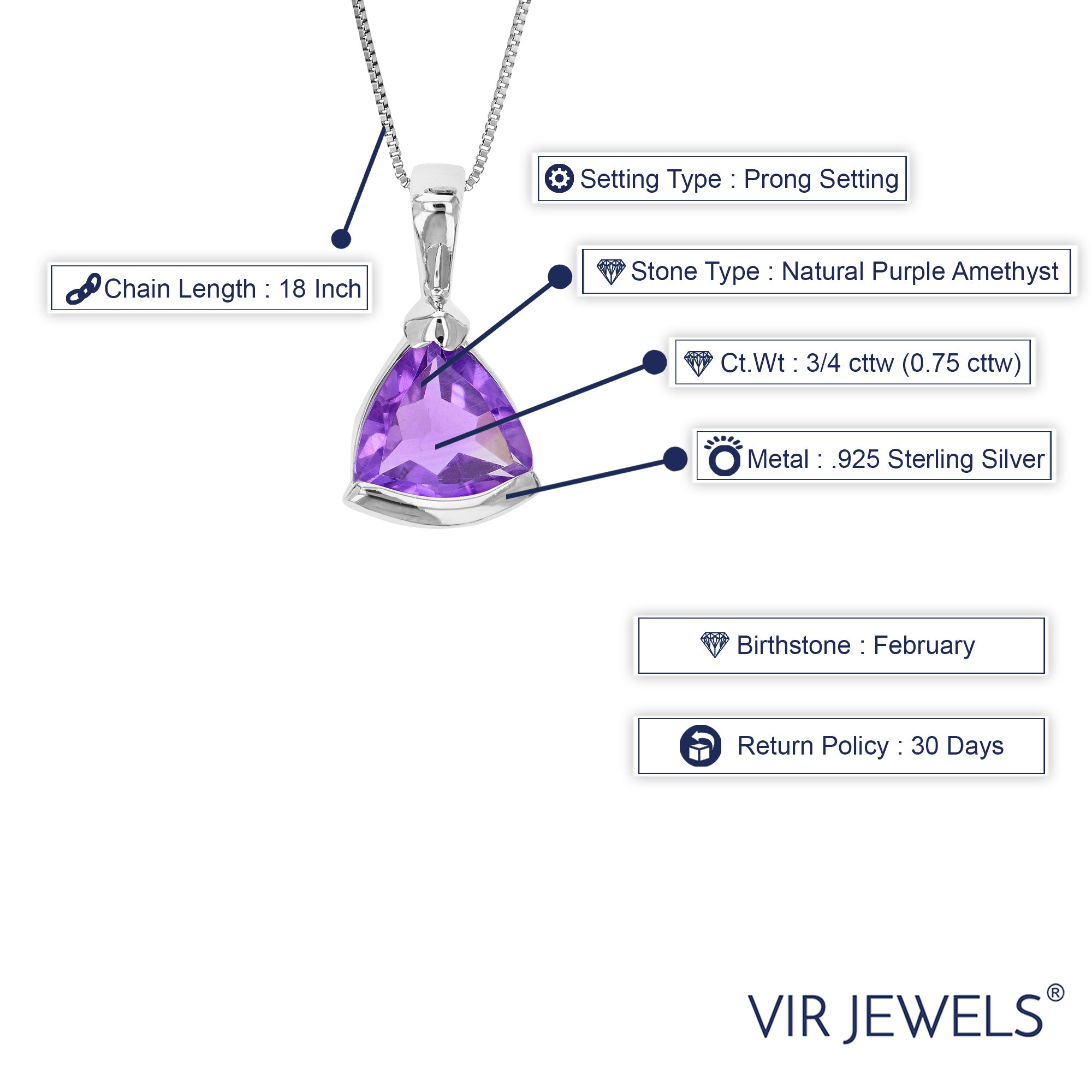 3/4 cttw Pendant Necklace, Purple Amethyst Trillion Pendant Necklace for Women in .925 Sterling Silver with Rhodium, 18 Inch Chain, Channel Setting