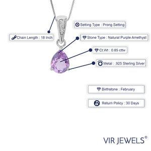 0.85 cttw Pendant Necklace, Purple Amethyst Pear Shape Pendant Necklace for Women in .925 Sterling Silver with Rhodium, 18 Inch Chain, Prong Setting