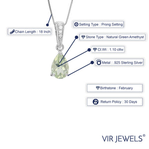 1.10 cttw Pendant Necklace, Green Amethyst Pear Shape Pendant Necklace for Women in .925 Sterling Silver with Rhodium, 18 Inch Chain, Prong Setting