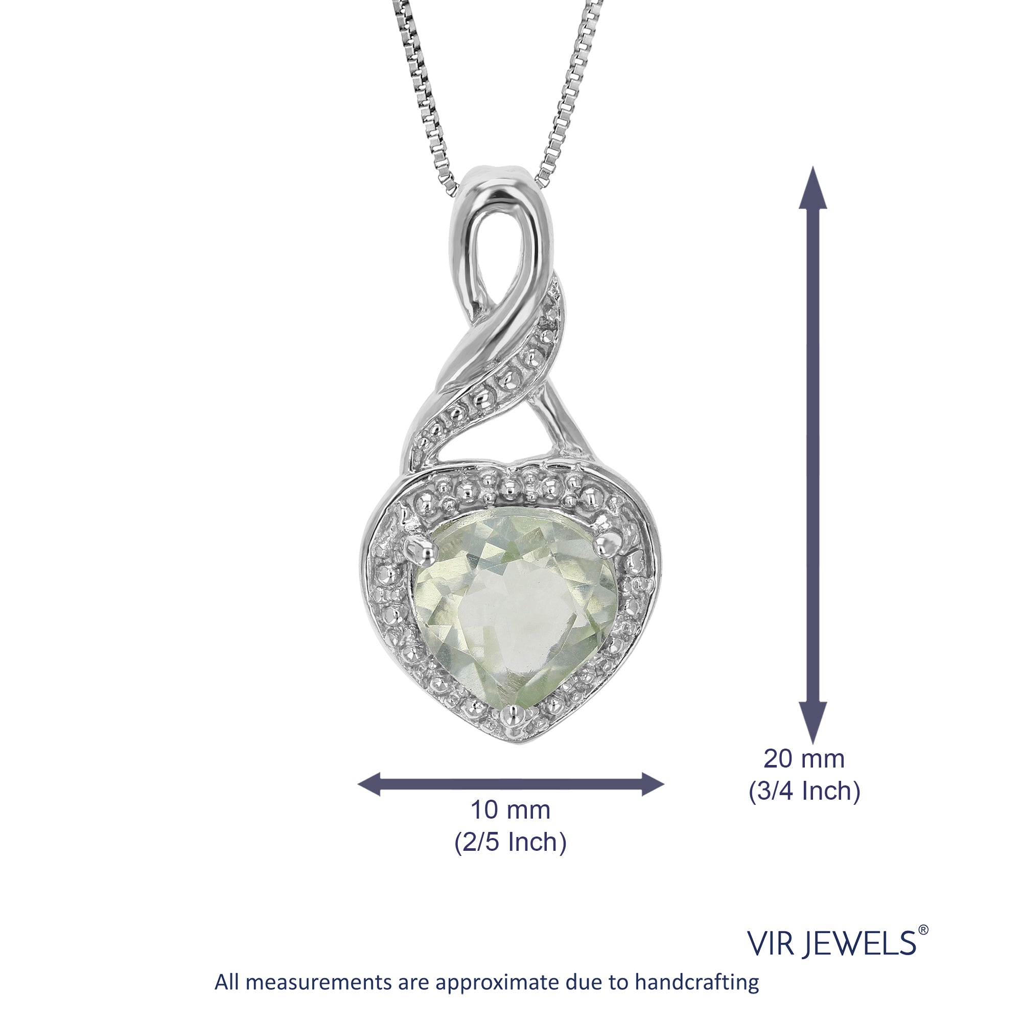 1 cttw Pendant Necklace, Green Amethyst Heart Pendant Necklace for Women in .925 Sterling Silver with Rhodium, 18 Inch Chain, Prong Setting