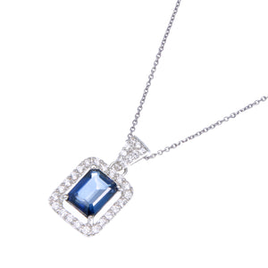 2.10 cttw Pendant Necklace, Created Blue Sapphire Emerald Shape Pendant Necklace for Women in .925 Sterling Silver with Rhodium, 18 Inch Chain, Prong Setting