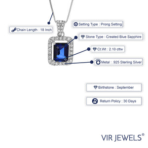 2.10 cttw Pendant Necklace, Created Blue Sapphire Emerald Shape Pendant Necklace for Women in .925 Sterling Silver with Rhodium, 18 Inch Chain, Prong Setting