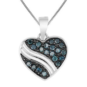 1/2 cttw Pendant Necklace, Blue Diamond Heart Pendant Necklace for Women in .925 Sterling Silver with Rhodium, 18 Inch Chain, Prong Setting