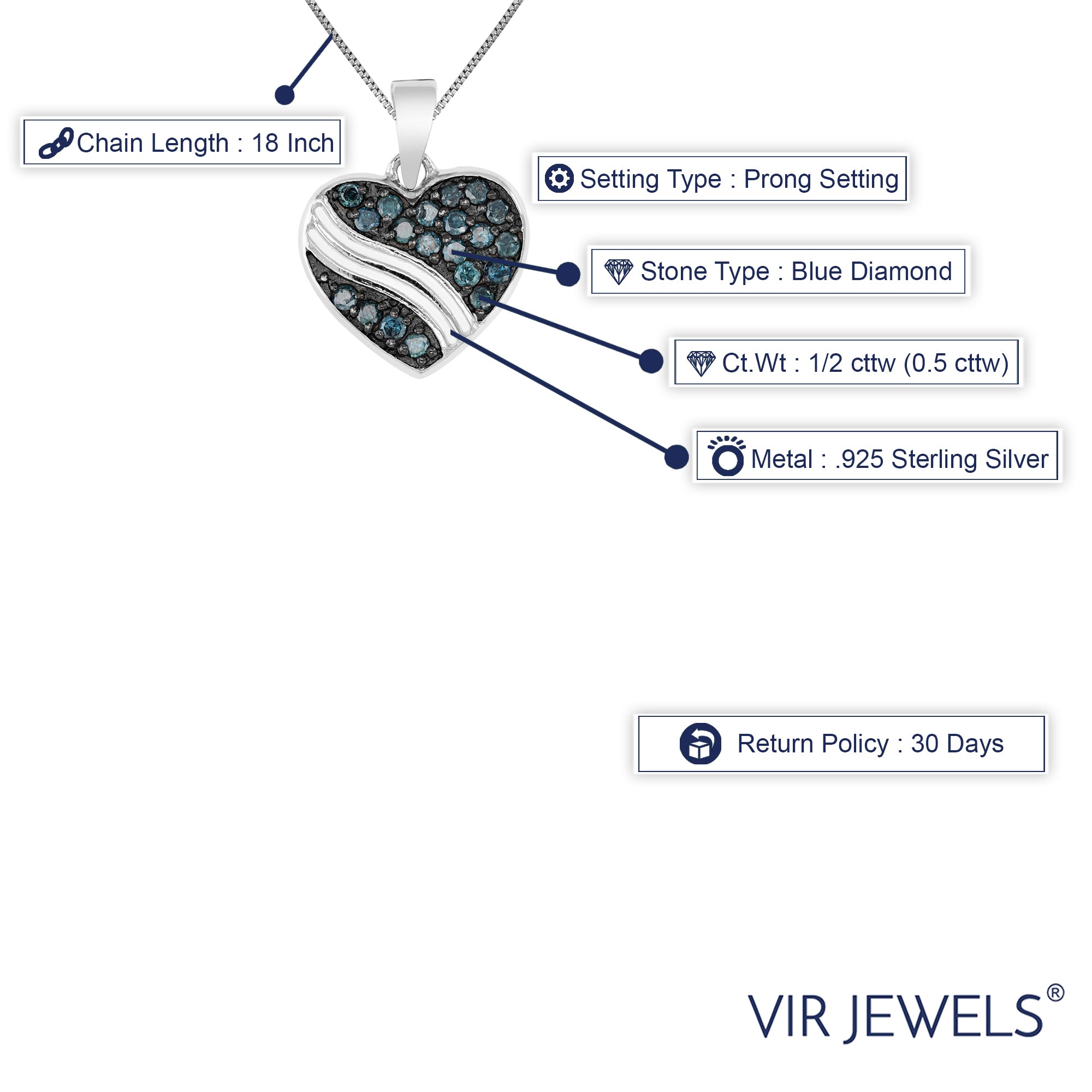 1/2 cttw Pendant Necklace, Blue Diamond Heart Pendant Necklace for Women in .925 Sterling Silver with Rhodium, 18 Inch Chain, Prong Setting