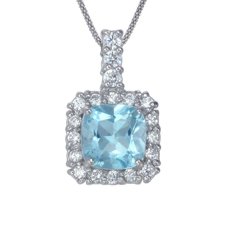 0.85 cttw Pendant Necklace, Blue Topaz Cushion Cut Pendant Necklace for Women in .925 Sterling Silver with Rhodium, 18 Inch Chain, Prong Setting