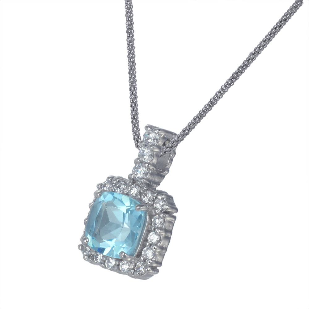 0.85 cttw Pendant Necklace, Blue Topaz Cushion Cut Pendant Necklace for Women in .925 Sterling Silver with Rhodium, 18 Inch Chain, Prong Setting
