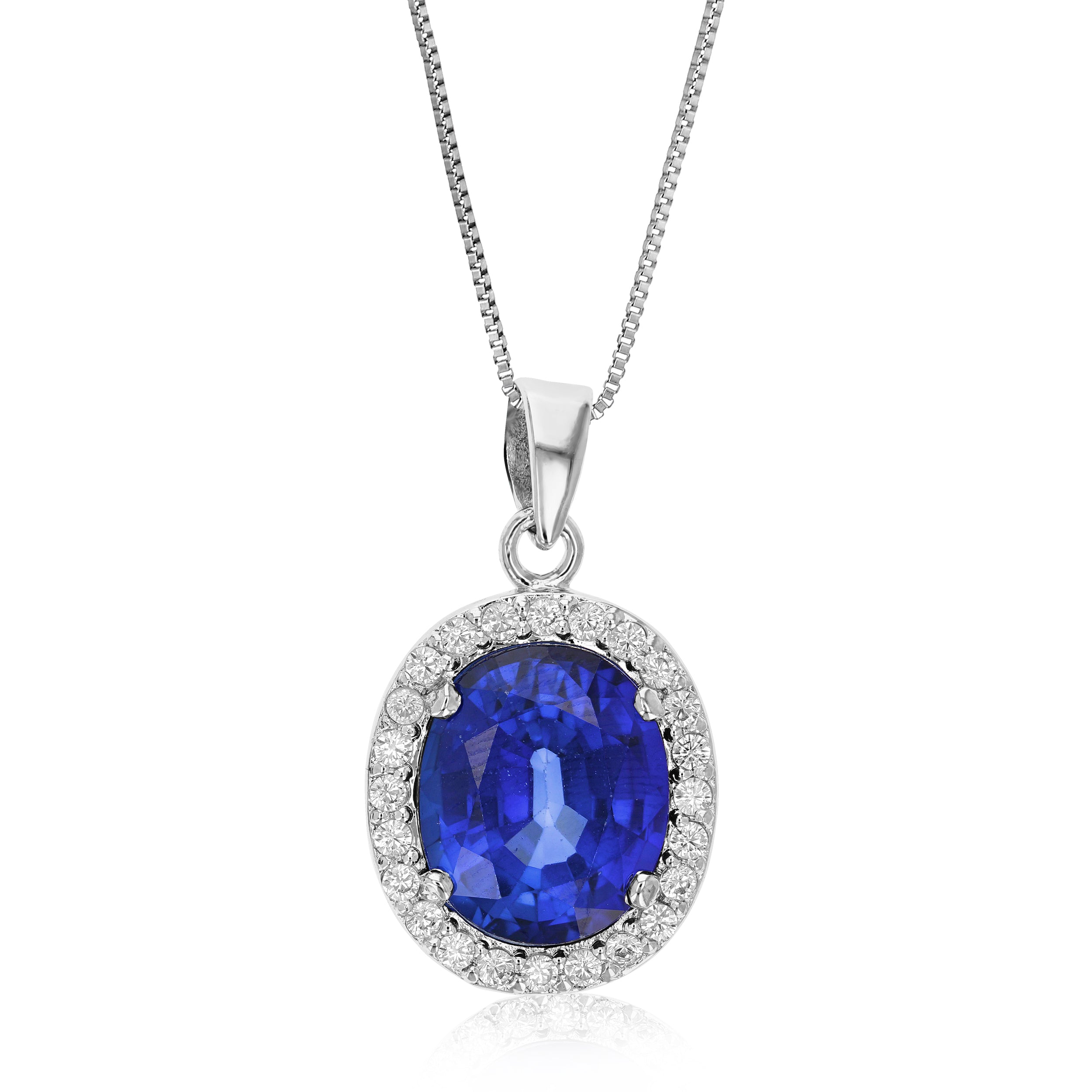 4.50 cttw Pendant Necklace, Created Blue Sapphire Oval Pendant Necklace for Women in Brass with Rhodium Plating, 18 Inch Chain, Prong Setting