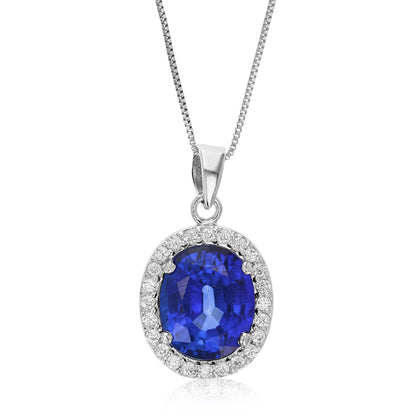 4.50 cttw Pendant Necklace, Created Blue Sapphire Oval Pendant Necklace for Women in Brass with Rhodium Plating, 18 Inch Chain, Prong Setting