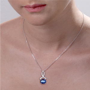 1.75 cttw Pendant Necklace, Created Sapphire Oval Pendant Necklace for Women in .925 Sterling Silver with Rhodium, 18 Inch Chain, Prong Setting