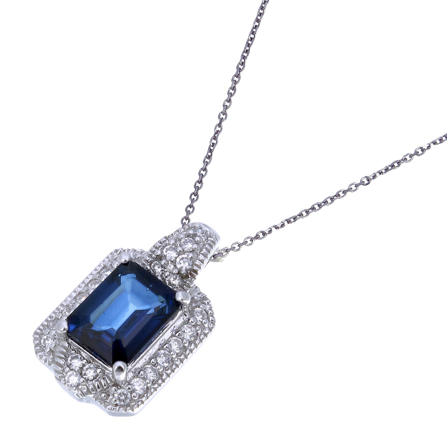 1.10 cttw Pendant Necklace, Created Sapphire Emerald Shape Pendant Necklace for Women in .925 Sterling Silver with Rhodium, 18 Inch Chain, Prong Setting
